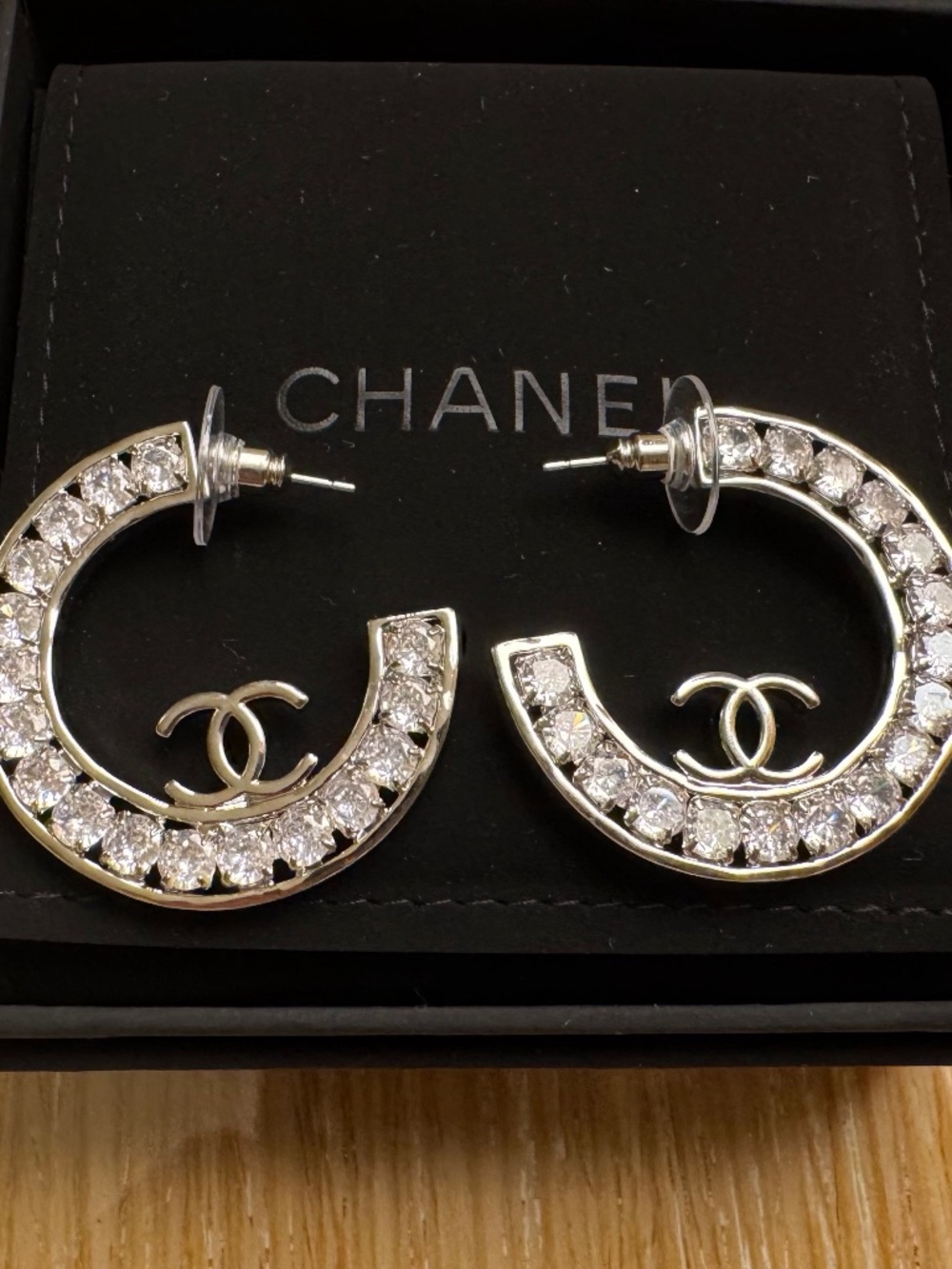 Super Rare Limited Edition Classic Chanel CC Logo Crystal Hoop Earrings